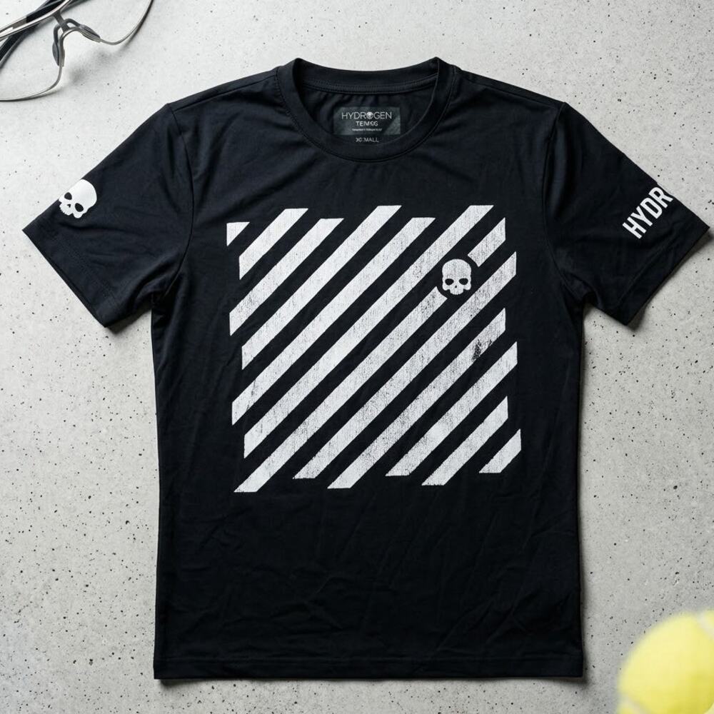 Hydrogen Tennis Italian Luxury Skull Graphic T-Shirt Black White Stripe Men's XS